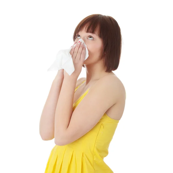 Mulher Adolescente Com Alergia Isolada Fundo Branco — Fotografia de Stock