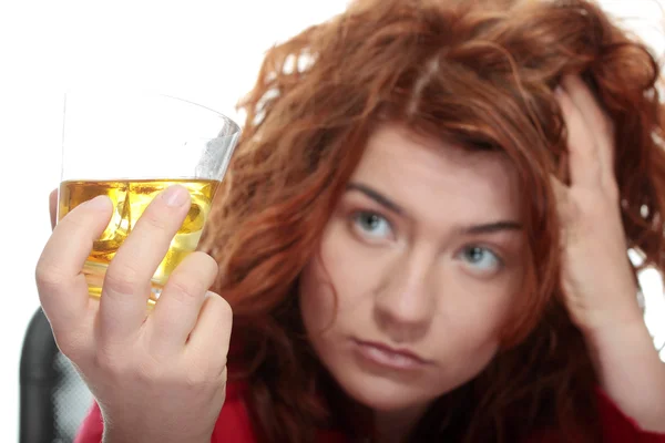 Alone Young Woman Depression Drinking Alcohol Burbon — Stock Photo, Image