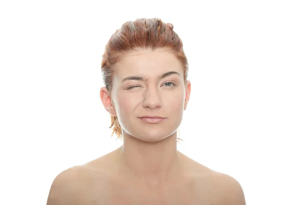 stock image Close-up of beautiful woman face, over white background