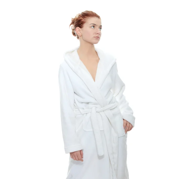 Mulher Branca Bonita Jovem Roupão Banho Após Banho Retrato Calmo — Fotografia de Stock