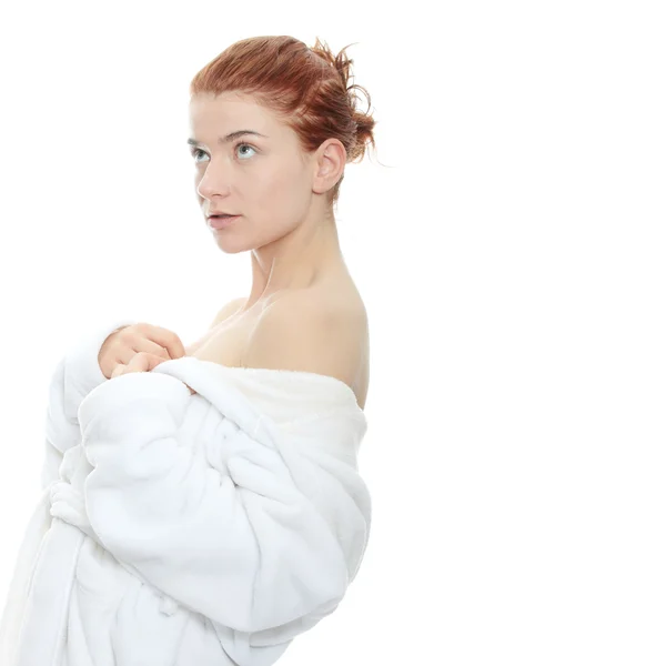 Mulher Branca Bonita Jovem Roupão Banho Após Banho Retrato Calmo — Fotografia de Stock