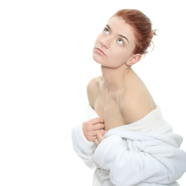 Güzel Beyaz Kadın Hamamı Sakin Portre Sonra Bornoz — Stok fotoğraf