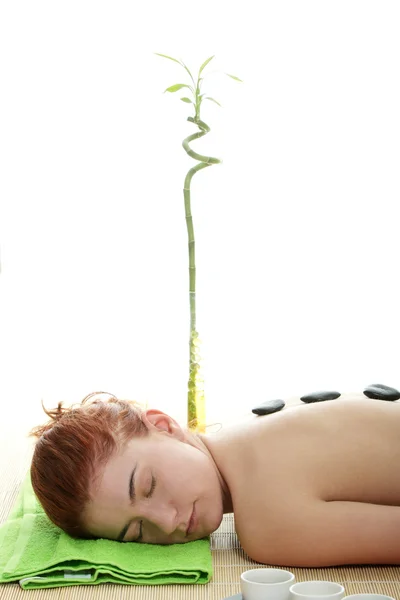 Young Woman Spa Rocks Her Back Isolated — Stock Photo, Image
