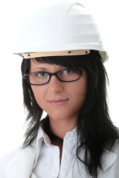 Vrouw Architecten Witte Helm Isoalted Wit — Stockfoto