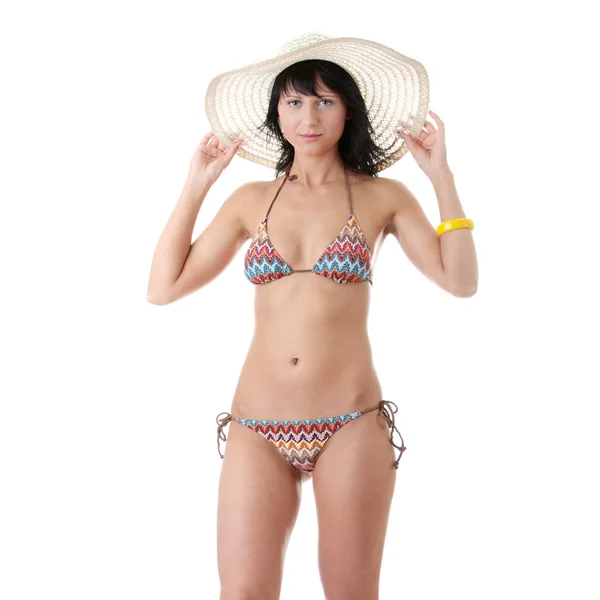 Beautiful brunette with summer hat — Stock Photo, Image
