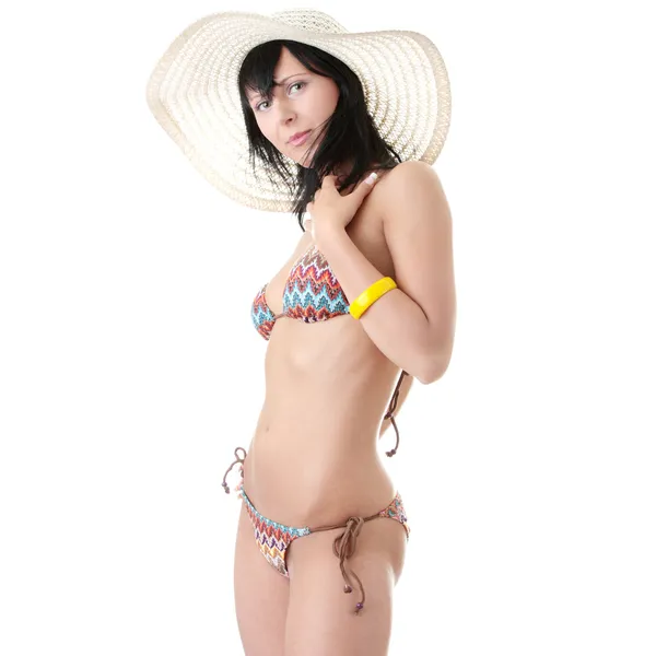 Beautiful brunette with summer hat — Stock Photo, Image
