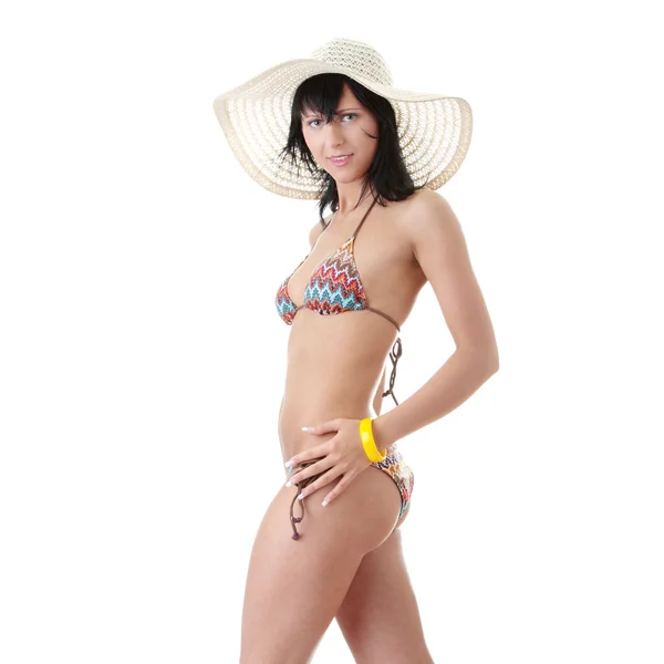 Piękna Brunetka Kapelusz Lato Bikini — Zdjęcie stockowe