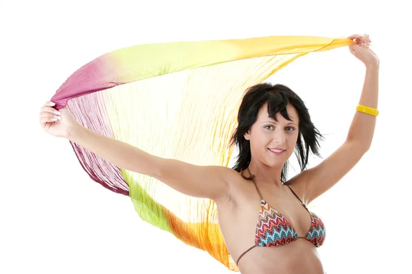 Mujer Joven Bikini Colorido Posando Con Viento —  Fotos de Stock