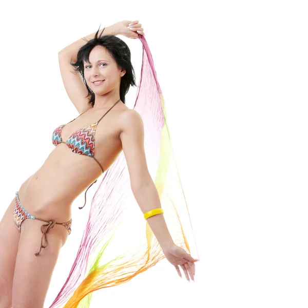 Mujer Joven Bikini Colorido Posando Con Viento — Foto de Stock
