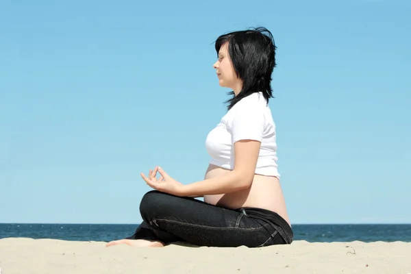 Beautiful Pregnant Woman Relaxing Beach Stock Photo