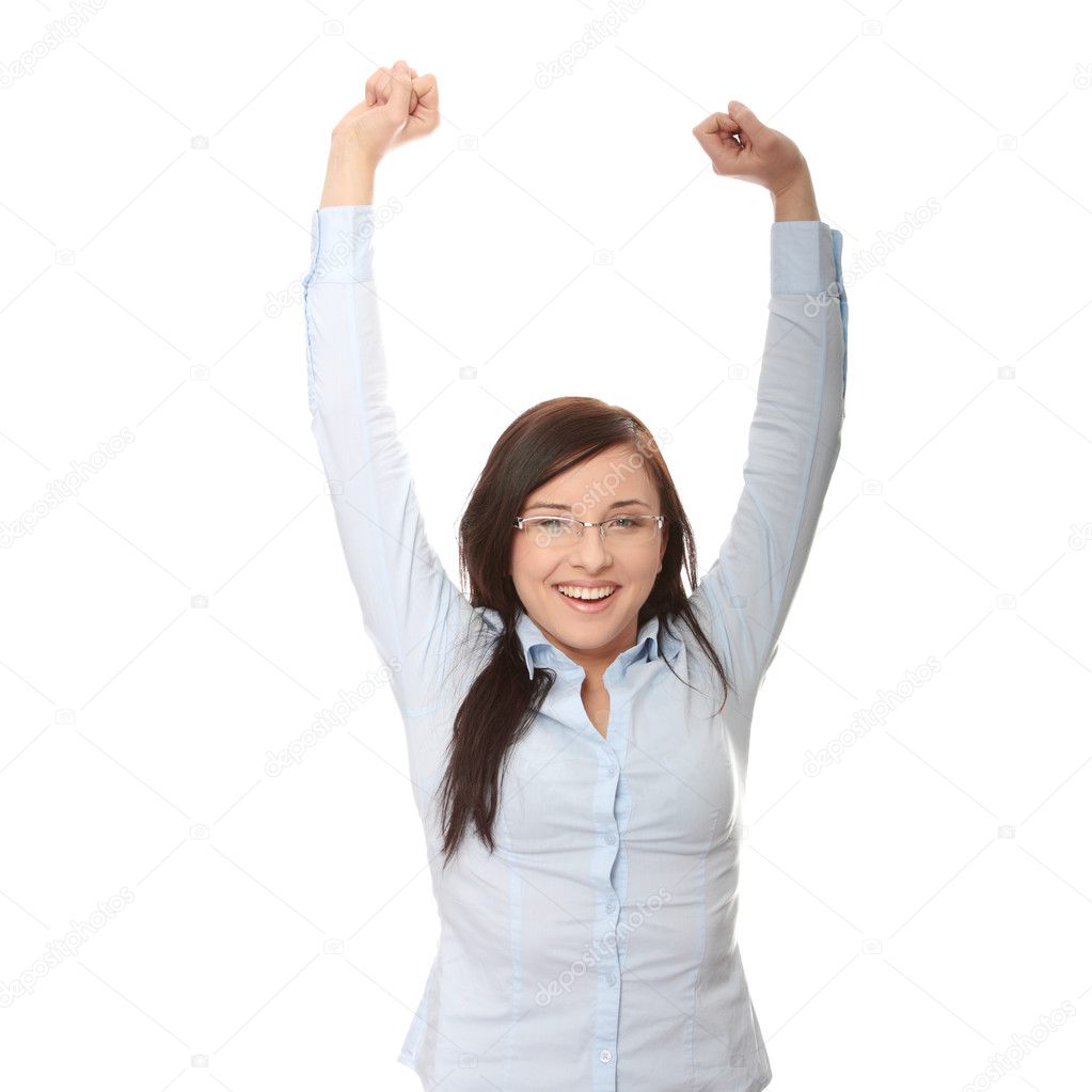 Young caucasian businesswoman with big smile and hands up, isolated on white background
