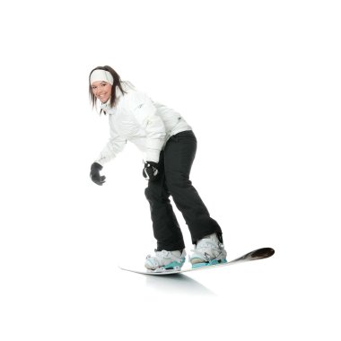 Beyaz arka plan üzerinde izole snowboard üzerinde genç kadın