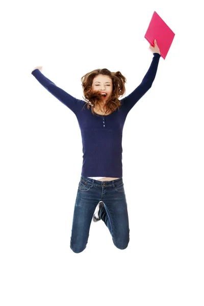 Springen Gelukkig Tiener Student Meisje Geïsoleerd Witte Achtergrond — Stockfoto