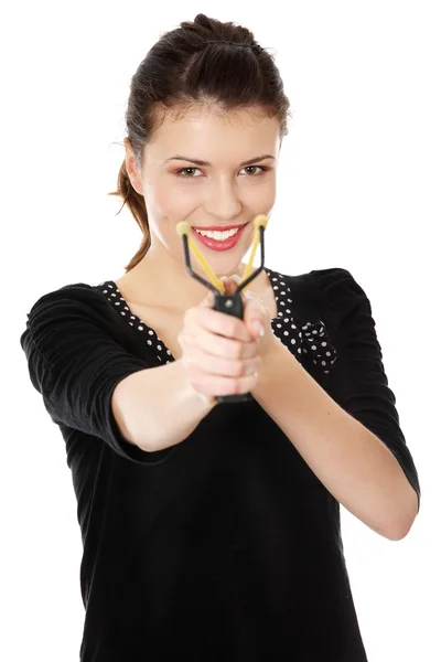 Happy young teen woman with slingshot — Stock Photo, Image