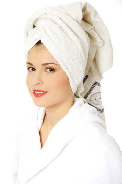 Retrato Jovem Mulher Bonita Vestindo Roupão Banho Isolado Branco — Fotografia de Stock