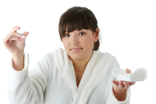 Sanitaire Tampon Jeune Femme Faisant Choix Isolée Sur Blanc — Photo