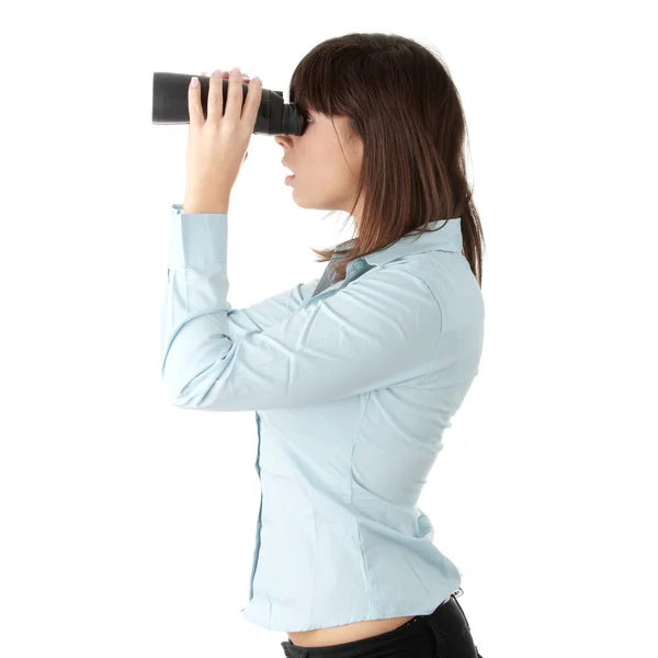 Joven Mujer Negocios Caucásica Mirando Través Binocular Aislado Sobre Fondo — Foto de Stock
