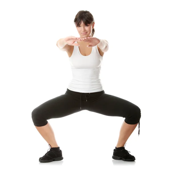 Mulher Bonita Jovem Durante Tempo Fitness Exercício Isolado Fundo Branco — Fotografia de Stock
