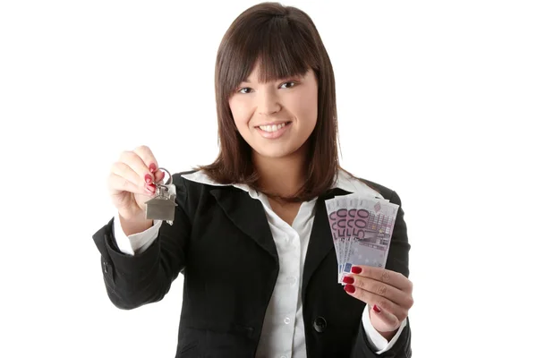 Krásná Mladá Žena Drží Euro Bankovky Klíče Domu Nad Bílá — Stock fotografie