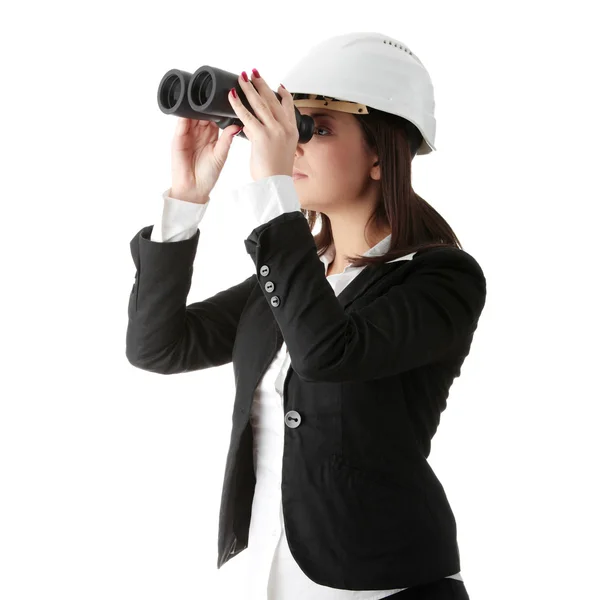 Conceito Visão Negócios Mulher Engenheira Olhando Através Binóculos Isolado Branco — Fotografia de Stock