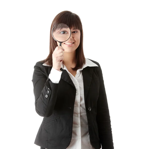 Young Attractive Smiling Business Woman Looking Magnifying Glass Isolated — Stock Photo, Image