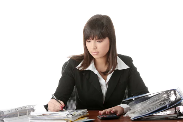 Managerin Füllt Steuerformulare Aus Während Sie Schreibtisch Sitzt Isoliert — Stockfoto