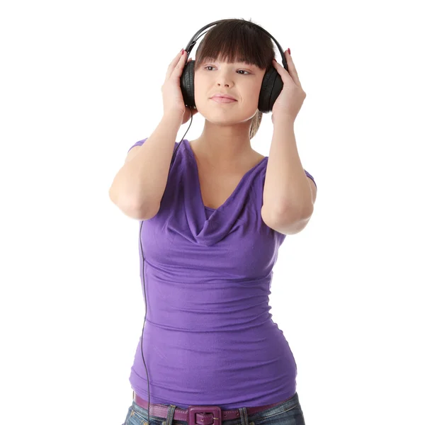 Young Beautiful Happy Women Listening Music Headphones — Stock Photo, Image