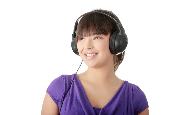 Молоді Красиві Щасливі Жінки Слухають Музику Навушниках — стокове фото
