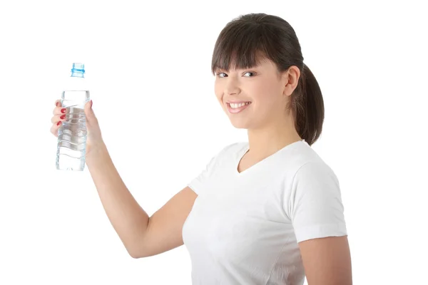 Junge Schöne Kaukasische Frau Mit Einer Flasche Mineralwasser Isoliert Auf — Stockfoto