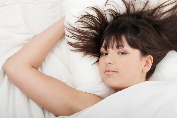 Beautiful Young Caucasian Brunette Girl Bed — Stock Photo, Image