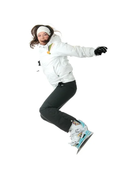 Ung Kvinna Snowboard Hoppa Isolerad Vit Bakgrund — Stockfoto