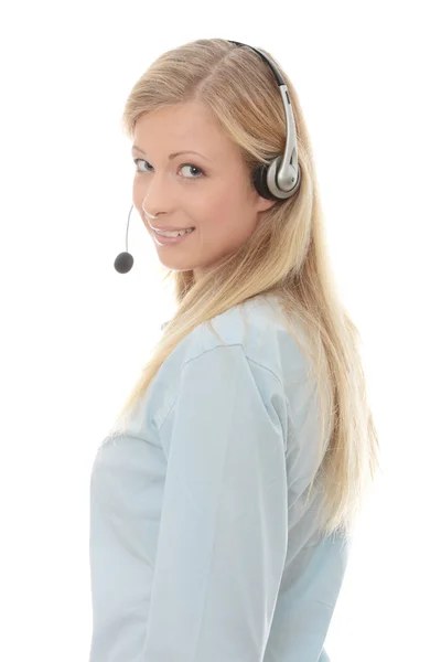 Call center donna con auricolare — Foto Stock