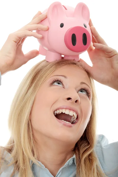 Businesswoman Holding Piggy Bank Isolated White Background — Stock Photo, Image
