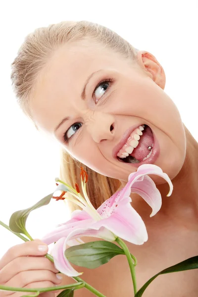 Beyaz Arka Plan Üzerinde Izole Bir Makyaj Biteing Zambak Çiçeği — Stok fotoğraf