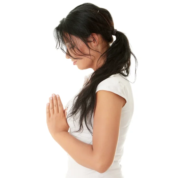 Closeup Portrait Young Caucasian Woman Praying Isolated White Background — Stock Photo, Image