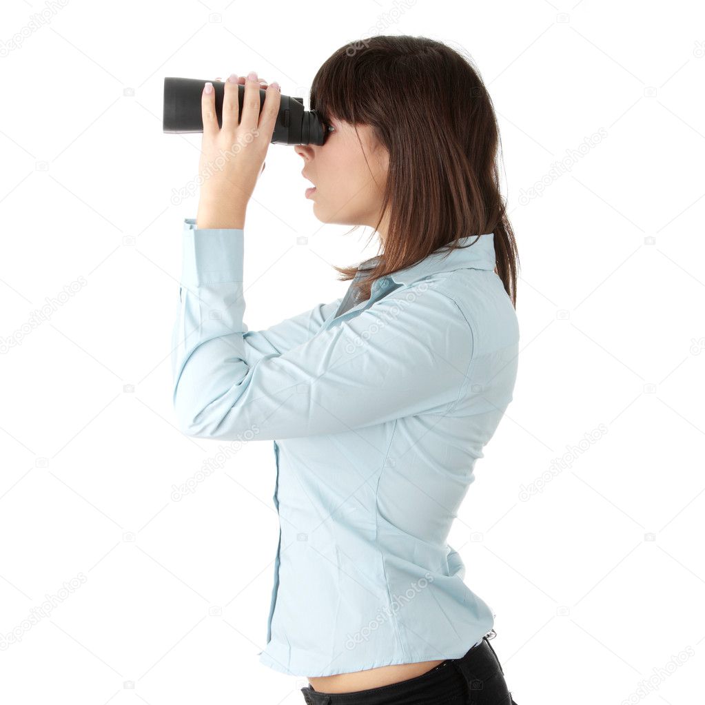 Young caucasian business woman looking through binocular isolated on white background