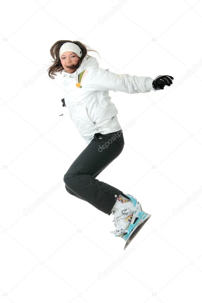 Young woman on snowboard jumping isolated on white background