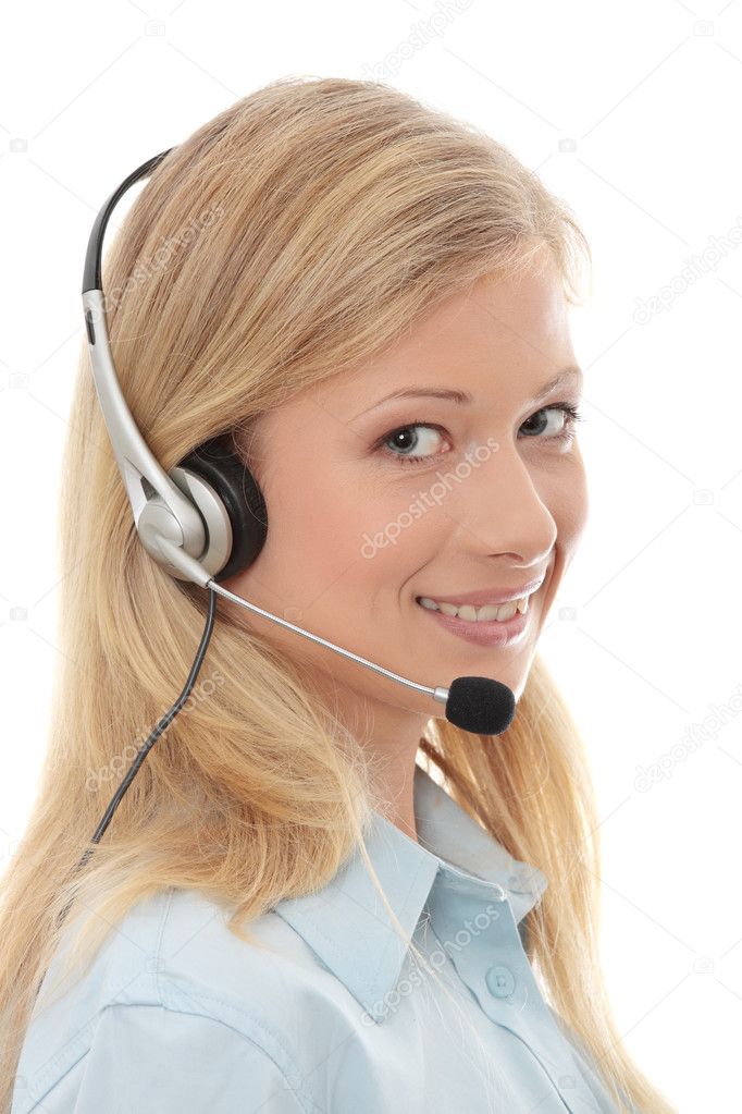 Call center woman with headset. Isolated on white background.