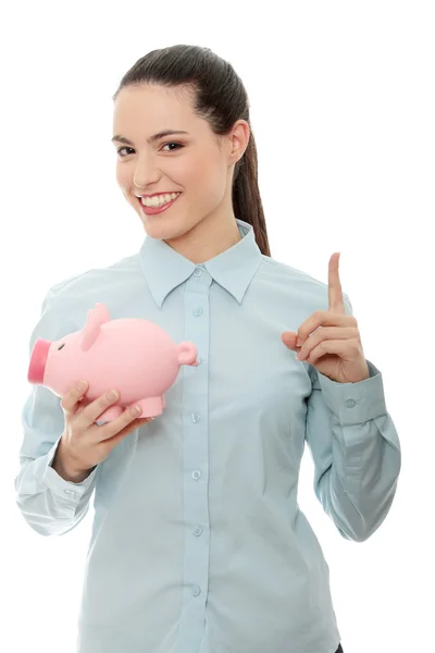Bizneswoman Gospodarstwa Piggy Bank Białym Tle — Zdjęcie stockowe