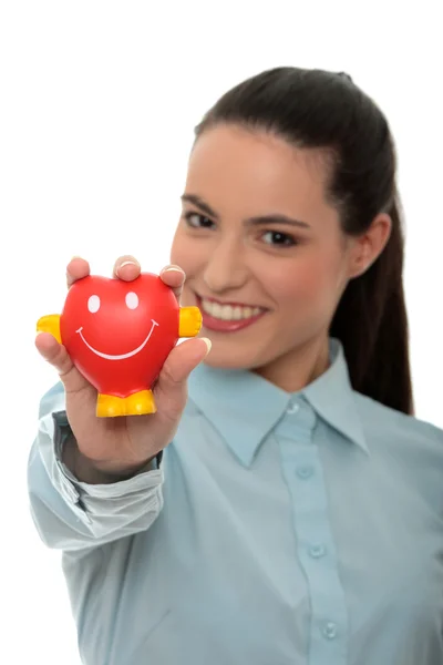 Young Business Woman Holding Heart Shaped Toy — Stock Photo, Image