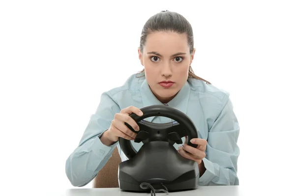 Young Caucasian Businesswoman Playing Computer Steering Wheel Isolated White Background — Stock Photo, Image