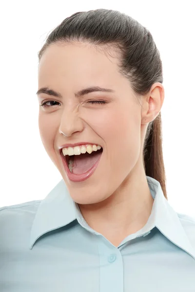 Mujer de negocios con gran sonrisa parpadeando —  Fotos de Stock