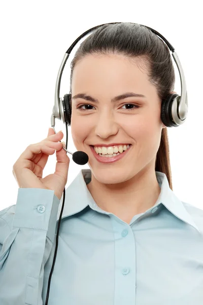 Call Center Kvinna Med Headset Isolerad Vit Bakgrund — Stockfoto