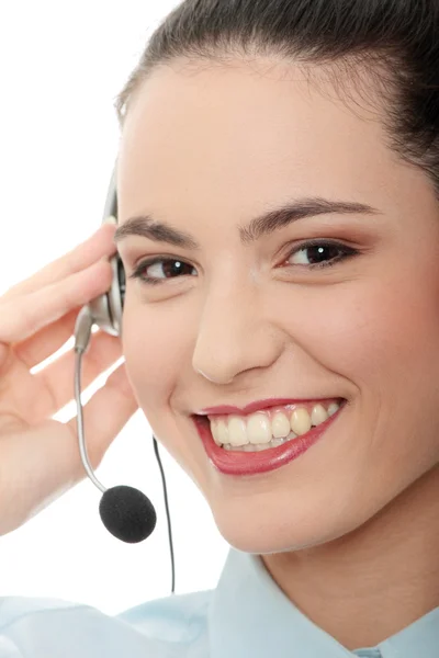 Call Center Kvinna Med Headset Isolerad Vit Bakgrund — Stockfoto