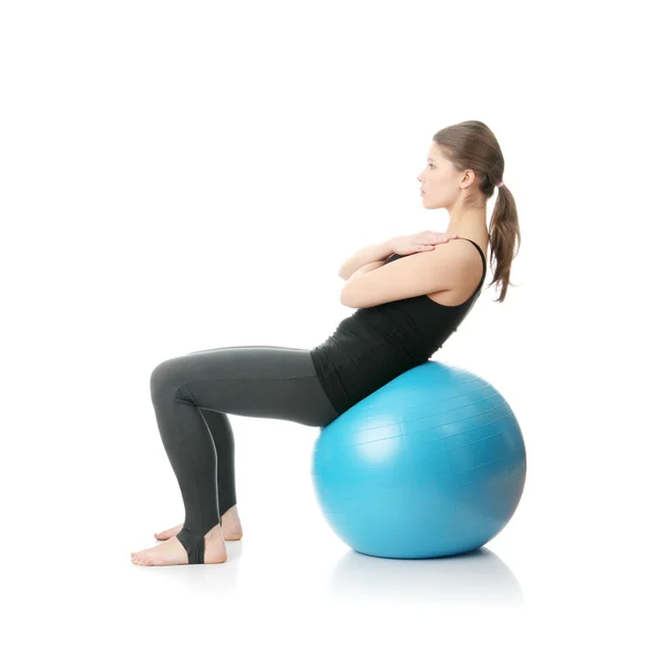 Young Beautiful Woman Fitness Time Exercising Blue Ball Isolated White — Stock Photo, Image