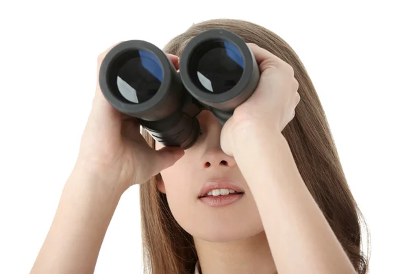 Jovem Mulher Negócios Caucasiana Olhando Através Binocular Isolado Fundo Branco — Fotografia de Stock