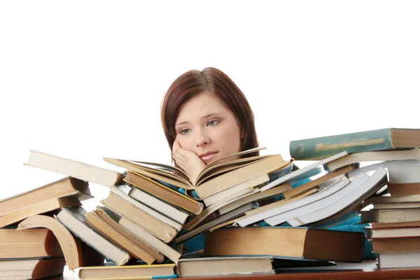 Unga Kvinnan Bakom Böcker Isolerad Vit Bakgrund — Stockfoto