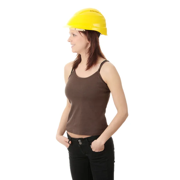 孤立在白色背景上的黄色头盔的工程师女人 — 图库照片
