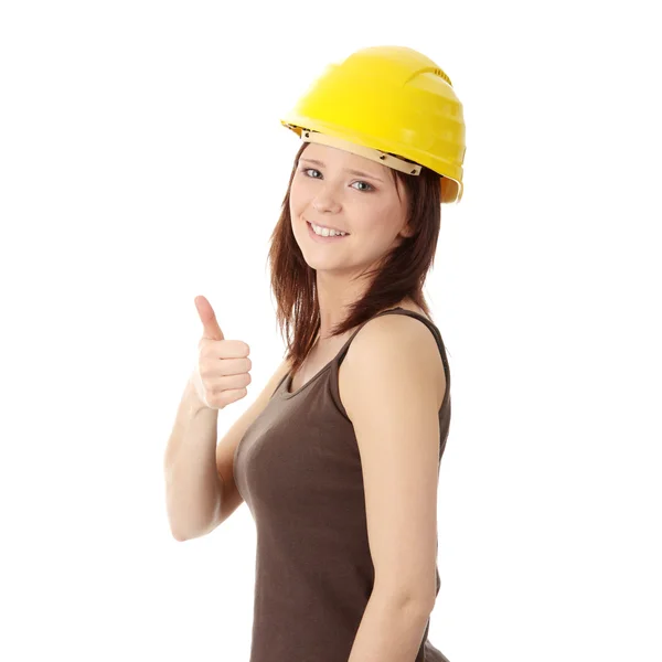 Ingenieur Vrouw Gele Helm Geïsoleerd Witte Achtergrond — Stockfoto