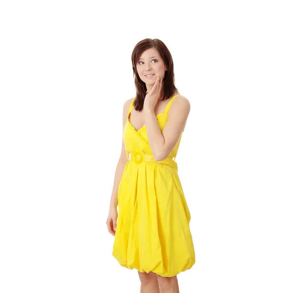 Menina Morena Bonita Vestido Amarelo Isolado Sobre Fundo Branco — Fotografia de Stock